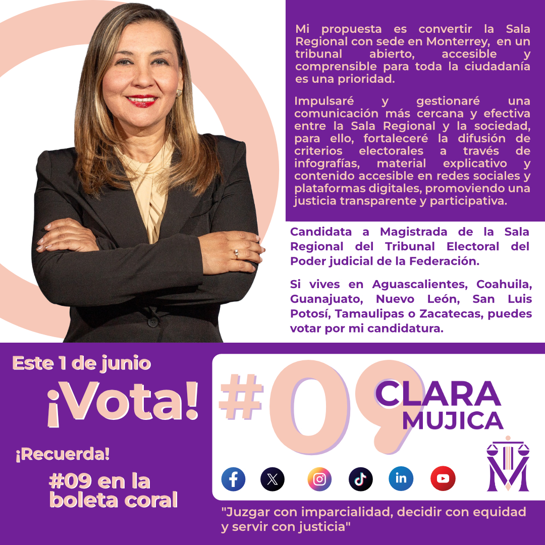 📌Mis propuestas son Claras, conócelas y súmate.

🗳️Vota este 1 de junio 09 Clara Mujica en el apartado de mujeres 🙋🏻‍♀️ boleta color salmón de las Magistraturas de la Sala Regional del Tribunal Electoral de la Federación.
#Propuestas #Magustraturas #EleccionesMX #Elecciones2025