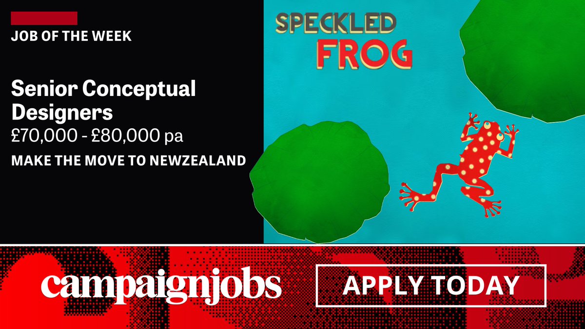 Want to move to New Zealand? 🇳🇿

Speckled Frog is seeking a Senior Art Director, on behalf of a creative agency in Auckland, to lead brand and campaign work across some of NZ’s best-loved sectors, including FMCG, travel, telcos and banking.

✅ Apply now: campaignlive.co.uk/jobs/job/15686…