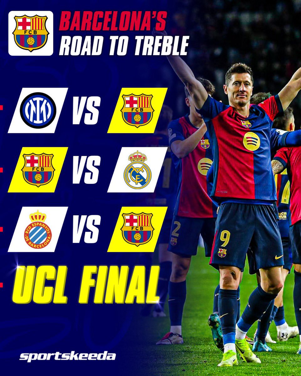 skworldfootball's tweet photo. Barcelona could complete the Treble in just 4 games!๐ฅถ๐ฒ๐
#Barcelona #Football #TrebleChase https://t.co/GouCGJ1SbT