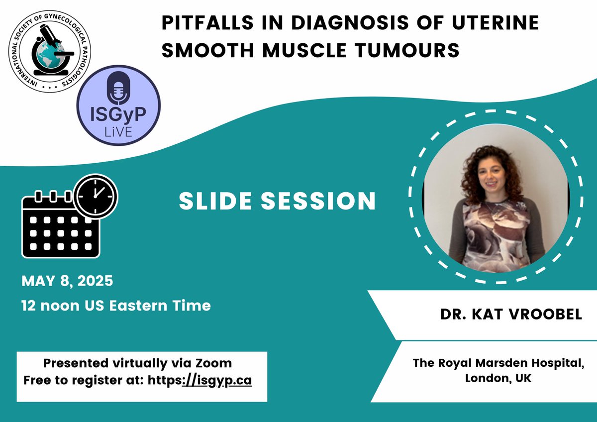 International Society of Gynecologic Pathologists (@isgynp) on Twitter photo Announcing a free <a href="/ISGynP/">International Society of Gynecologic Pathologists</a> sponsored live virtual slide session on May 8, 2025 at 12 noon US Eastern Time by Dr Vroobel on "Pitfalls in Diagnosis of Uterine Smooth Muscle Tumours". Register now @ isgyp.ca #gynpath Announcing a free <a href="/ISGynP/">International Society of Gynecologic Pathologists</a> sponsored live virtual slide session on May 8, 2025 at 12 noon US Eastern Time by Dr Vroobel on "Pitfalls in Diagnosis of Uterine Smooth Muscle Tumours". Register now @ isgyp.ca #gynpath