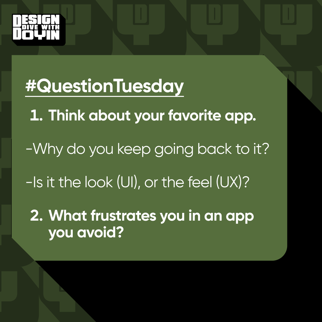 DesignDiveDoyin's tweet photo. ❓#QuestionTuesday

Hello Divers 👋
Its another edition today

Yesterday, we began our journey into digital product design and today we would like to take it further with some thought provoking questions

Questions to Consider: https://t.co/gG7HT3X2Mr