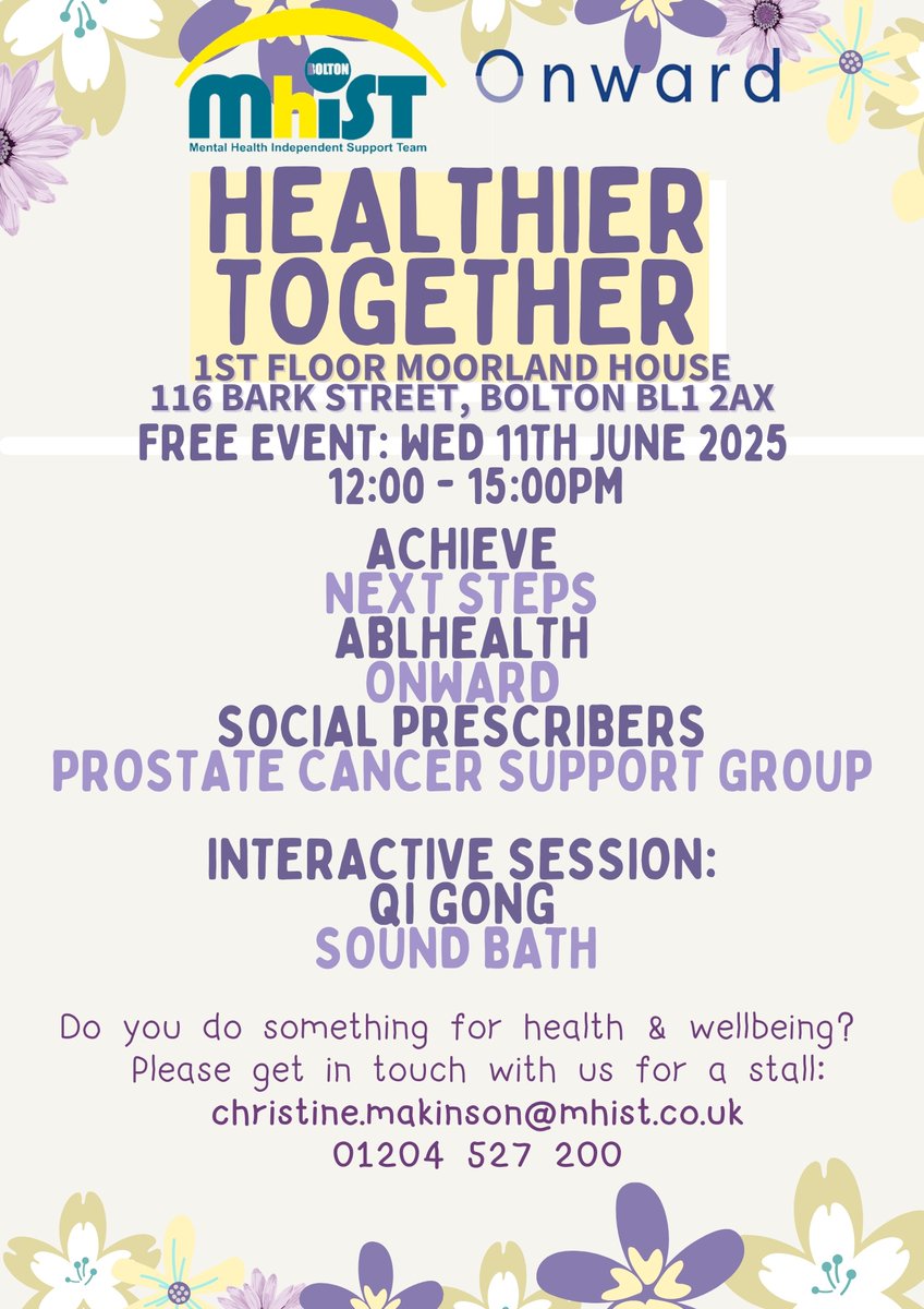 MhIST (@mhist1) on Twitter photo Do you offer a service, activity or free product that supports health and wellbeing
We’d love you to be part of our FREE community event
Wednesday 11th June 2025
12:00 – 15:00
1st Floor Moorland House, 116 Bark Street, Bolton BL1 2AX
christine.makinson@mhist.co.uk
01204 527 200 Do you offer a service, activity or free product that supports health and wellbeing
We’d love you to be part of our FREE community event
Wednesday 11th June 2025
12:00 – 15:00
1st Floor Moorland House, 116 Bark Street, Bolton BL1 2AX
christine.makinson@mhist.co.uk
01204 527 200