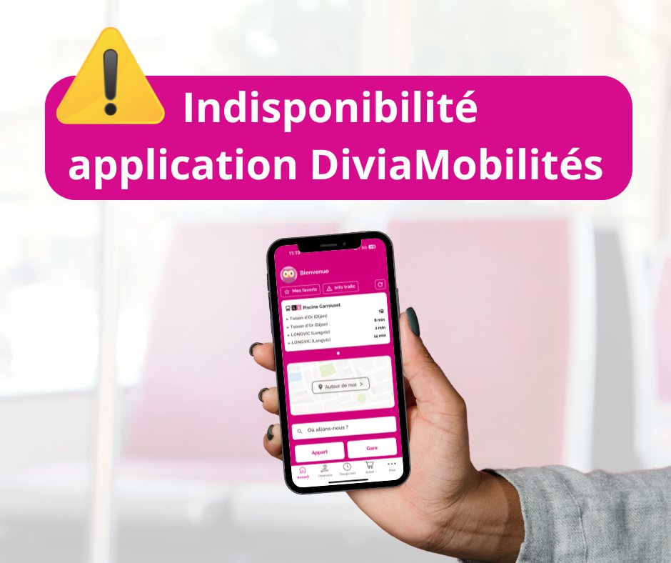 ⚠️ INFO APPLICATION DIVIAMOBILITÉS ⚠️

En raison d'une intervention technique, les accès au compte client et à la e-boutique seront indisponibles sur l'application mobile, vendredi 9 mai de 10h à 14h.

Merci de votre compréhension.