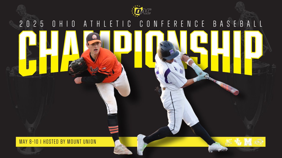 The bracket is set for the 2025 OAC Baseball Tournament, hosted by #1 Seed <a href="/umubaseball/">Mount Union Baseball</a>! ⚾️🏆

Games begin Thursday and will continue through Saturday ⬇️
Game 1: No. 1 <a href="/umubaseball/">Mount Union Baseball</a> vs. No. 4 <a href="/jcu_baseball/">John Carroll Baseball</a>, 12pm
Game 2: No. 2 <a href="/ONUBaseball/">ONU Baseball</a> vs. No. 3 <a href="/BWUBaseball/">BW Baseball</a>, 3pm

Full