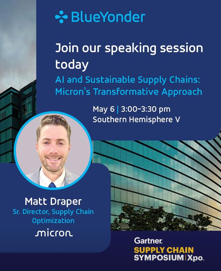 🚀 Unlock the Future of Supply Chain Management with AI! 🚀
Join us at <a href="/Gartner_inc/">Gartner</a> #SupplyChain SYM for the <a href="/BlueYonder/">Blue Yonder</a> session featuring <a href="/MicronTech/">Micron Technology</a>, a trailblazer in leveraging AI to enhance efficiency, reduce costs, and accelerate operations!