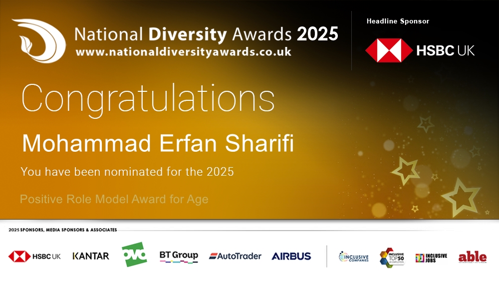ndawards's tweet photo. Congratulations to Mohammad Erfan Sharifi who has been nominated for the Positive Role Model Award for Age at The National Diversity Awards 2025 in association with @HSBC_UK. To vote please visit https://t.co/i953C90BOa #NDA25 #Nominate #VotingNowOpen https://t.co/hl1lIheG88