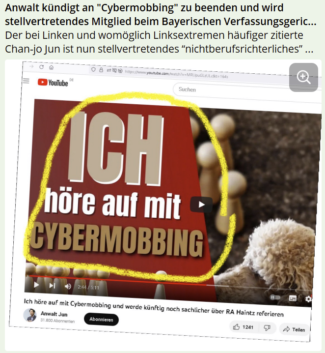 StephanWeberHd's tweet photo. Jun kündigte Ende 2022 zwar an, seine Lieblingsbeschäftigung Cybermobbing zu beenden aber faktisch betreibt er es seitdem stetig weiter. Aus seiner Sicht und der seiner Fans waren und sind es sicher 'gute' Hetze/Diffamierungskampagnen.  

Geahndet wurde das bislang nicht - im Gegenteil: Trotz oder gerade wegen seiner auf langjähriger Praxis beruhenden 'Qualifikationen' im Kampf gegen unliebsame Meinungen bekam er einen Sitz am bayrischen Verfassungsgerichtshof und seinen Lehrauftrag.