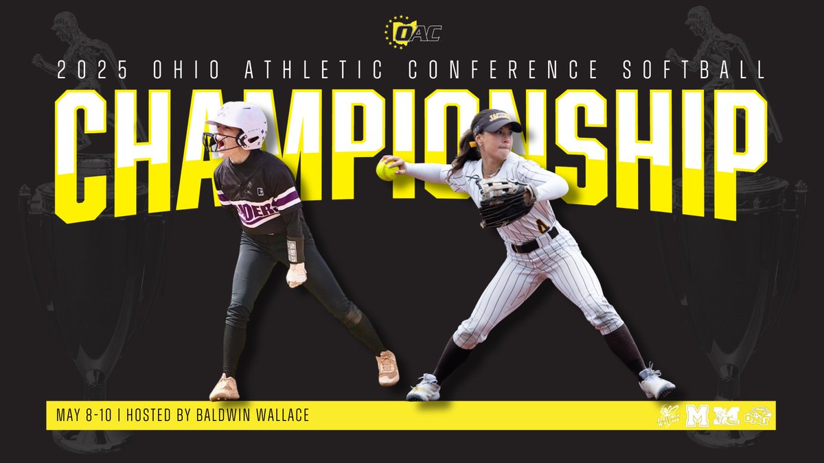 Ohio Athletic Conference (@ohathleticconf) on Twitter photo The bracket is set for the 2025 OAC Softball Tournament, hosted by #1 Seed <a href="/BW__Softball/">BW Softball</a>! 🥎🏆
Games begin Thursday and will continue through Saturday ⬇️
Game 1 - No. 2 <a href="/UMU_Softball/">University of Mount Union Softball</a> vs. No. 3 <a href="/ONUSoftball/">ONU Softball</a>, 1pm
Game 2 - No. 1 <a href="/BW__Softball/">BW Softball</a> vs. No. 4 <a href="/MuskingumUnivSB/">Muskingum Softball</a>, 3pm
Full The bracket is set for the 2025 OAC Softball Tournament, hosted by #1 Seed <a href="/BW__Softball/">BW Softball</a>! 🥎🏆
Games begin Thursday and will continue through Saturday ⬇️
Game 1 - No. 2 <a href="/UMU_Softball/">University of Mount Union Softball</a> vs. No. 3 <a href="/ONUSoftball/">ONU Softball</a>, 1pm
Game 2 - No. 1 <a href="/BW__Softball/">BW Softball</a> vs. No. 4 <a href="/MuskingumUnivSB/">Muskingum Softball</a>, 3pm
Full