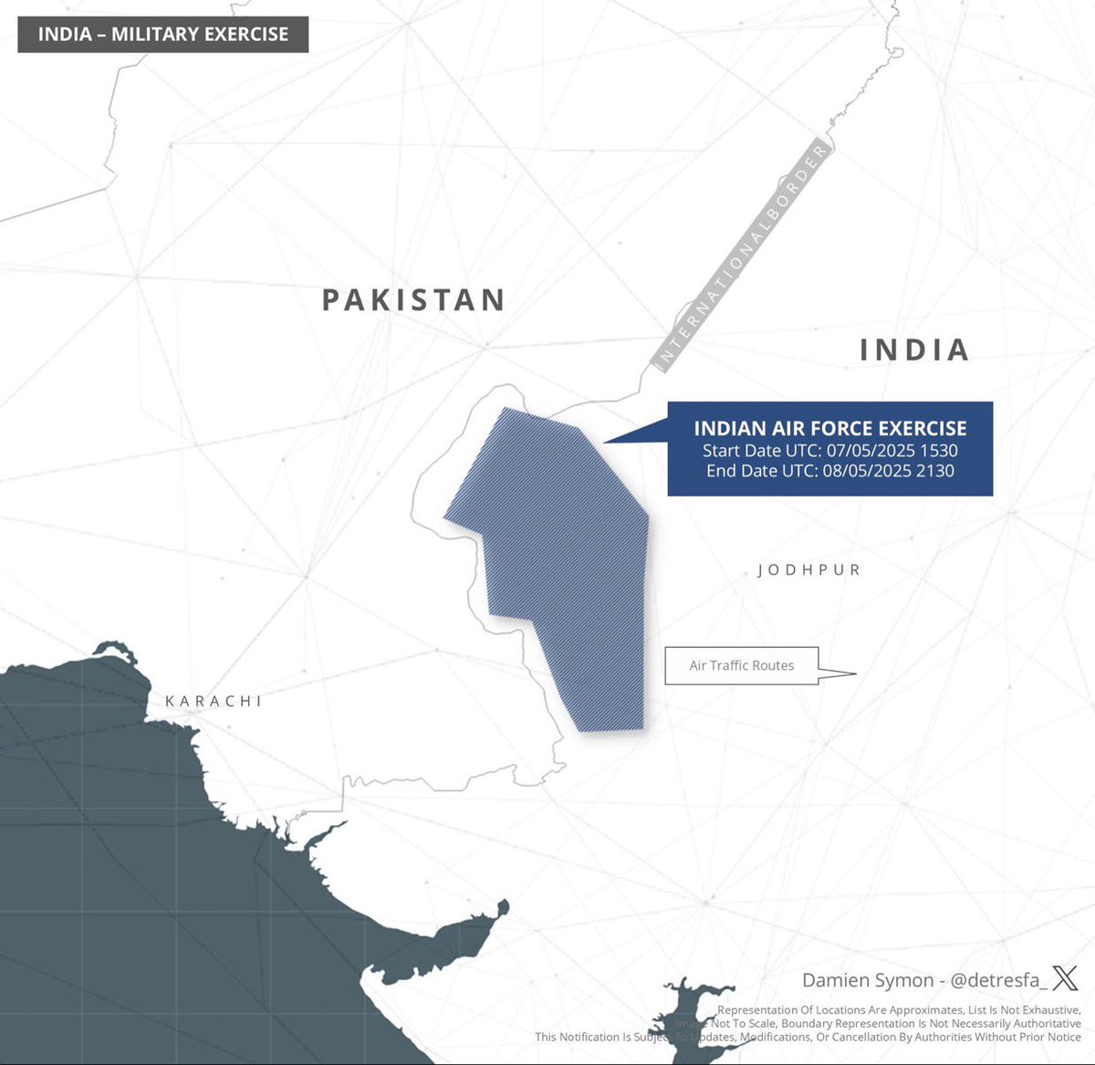 jinesh_kumar_'s tweet image. BREAKING: India issues NOTAM (notice to airmen) on India-Pak border areas of Rajasthan for a big IAF South Western Air Command air exercise for May 7-8.

 #mockdrills #airexercise #IndiaPakistanWar