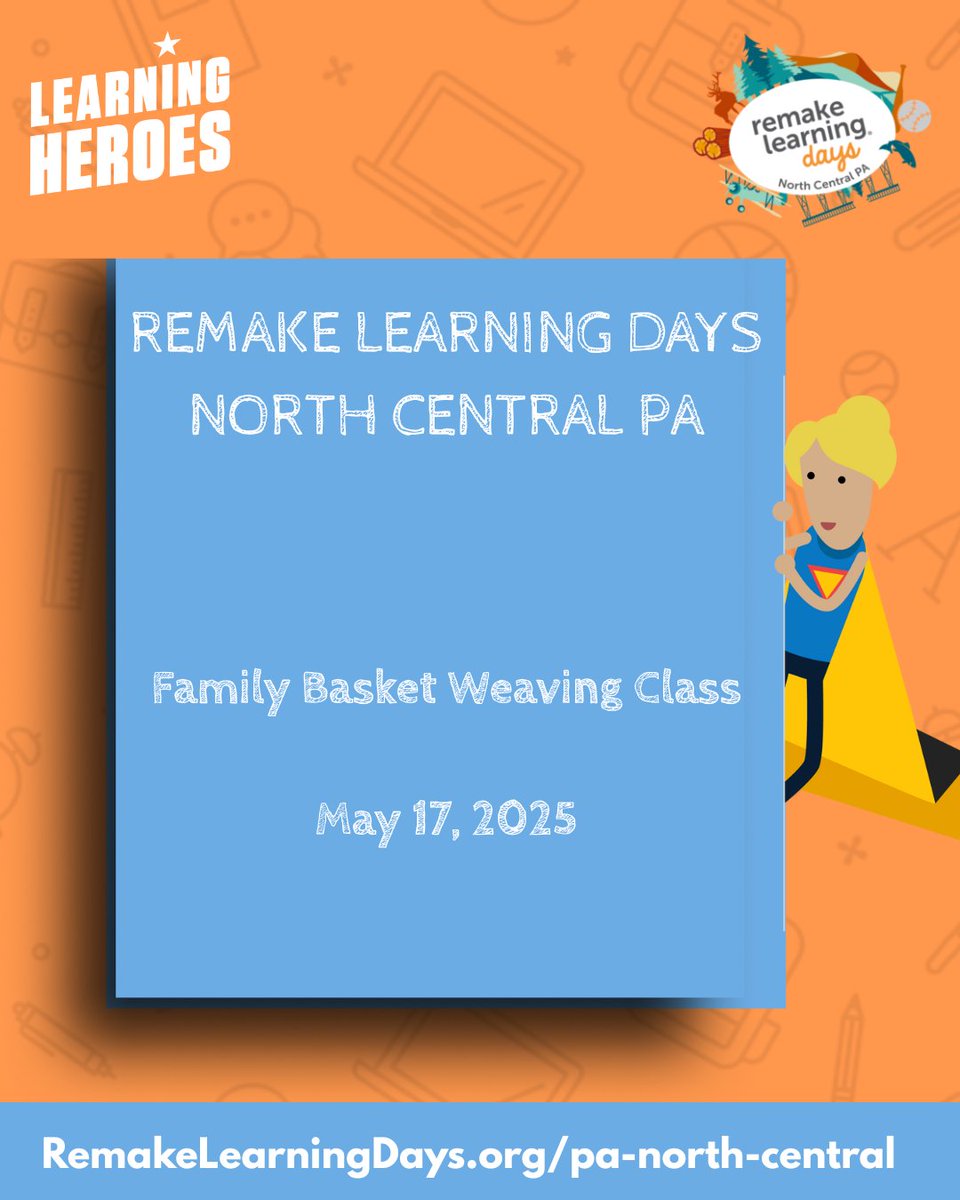 Learning Heroes (@bealearninghero) on Twitter photo Looking for a fun, hands-on activity for the whole family? Join the Family Basket Weaving Class during <a href="/RemakeDays/">Remake Learning Days</a> in North Central PA!
🌟 Learn the art of basket weaving, create something beautiful, and make memories that will last a lifetime. No experience needed — just bring Looking for a fun, hands-on activity for the whole family? Join the Family Basket Weaving Class during <a href="/RemakeDays/">Remake Learning Days</a> in North Central PA!
🌟 Learn the art of basket weaving, create something beautiful, and make memories that will last a lifetime. No experience needed — just bring