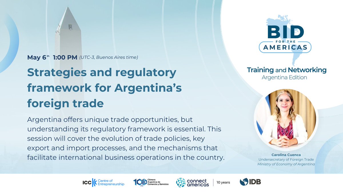 connectamericas's tweet image. 🚨 We’re live! | BID for the Americas: Training & Networking Series – Argentina Edition 🇦🇷
Today marks Day 1 of our virtual training series, where we dive into Argentina’s business landscape and trade environment through five expert-led sessions.
Register now to receive your…