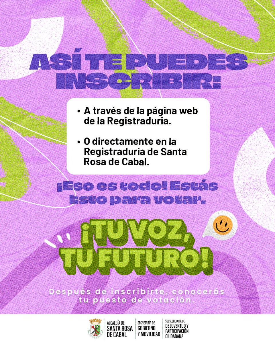 ☝️🗳️¡Tu voz, tu futuro! Inscribe tu cédula o tarjeta de identidad y participa de las elecciones al Consejo Municipal de Juventudes 2025. Sé parte de los jóvenes que transforman.