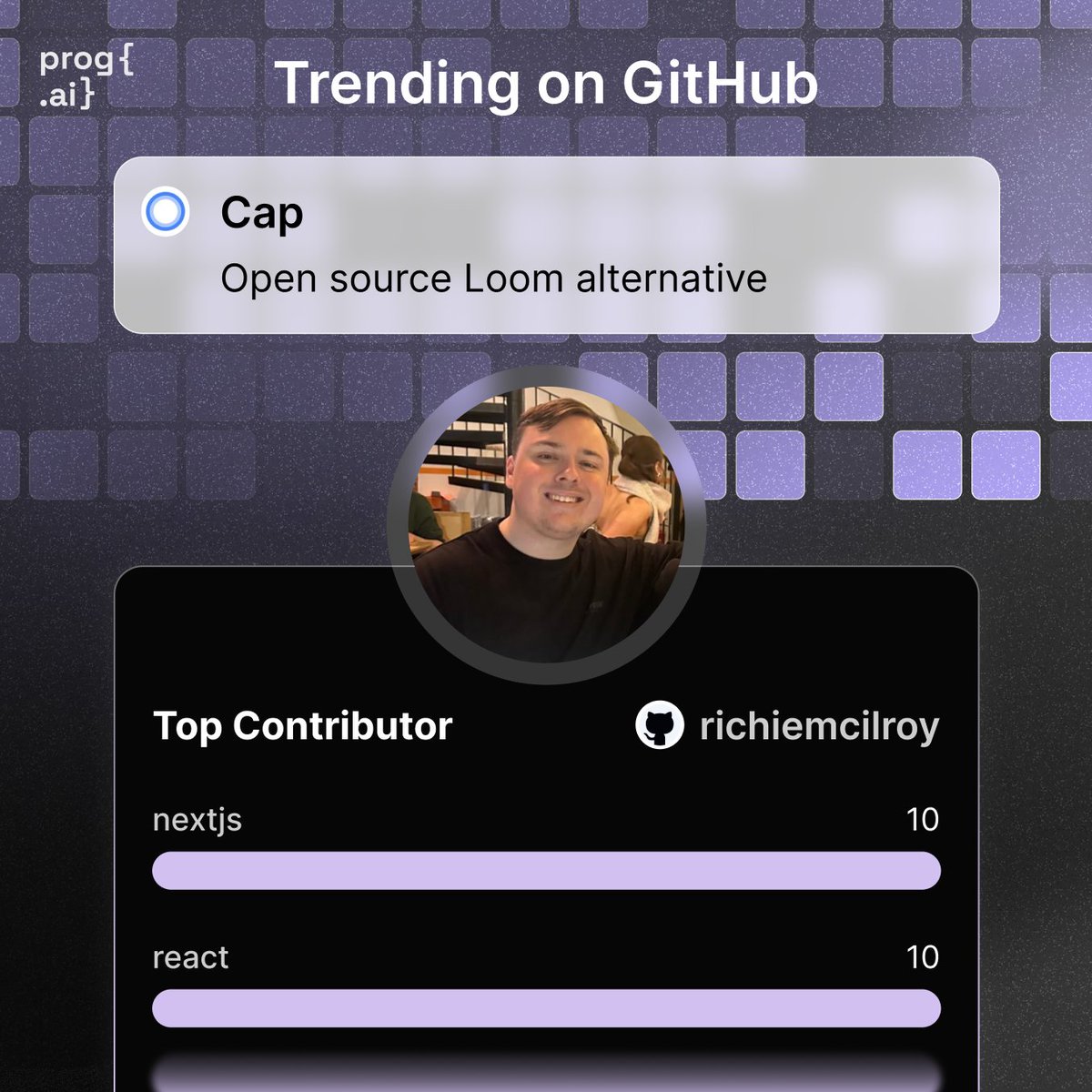 getprogai's tweet image. Trending on GitHub: @richiemcilroy

Founder of @cap, the open-source Loom alternative for beautiful, shareable screen recordings.

He’s a true open source advocate, and has already built and sold four SaaS products.

Cheers to Richie! 👏