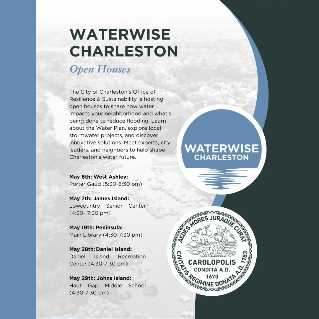 We are looking forward to attending the upcoming WaterWise Charleston Open Houses this month! Starting tonight, the City of Charleston, SC will host five drop-in style events. 

Learn more here: charleston-sc.gov/3134/WaterWise…