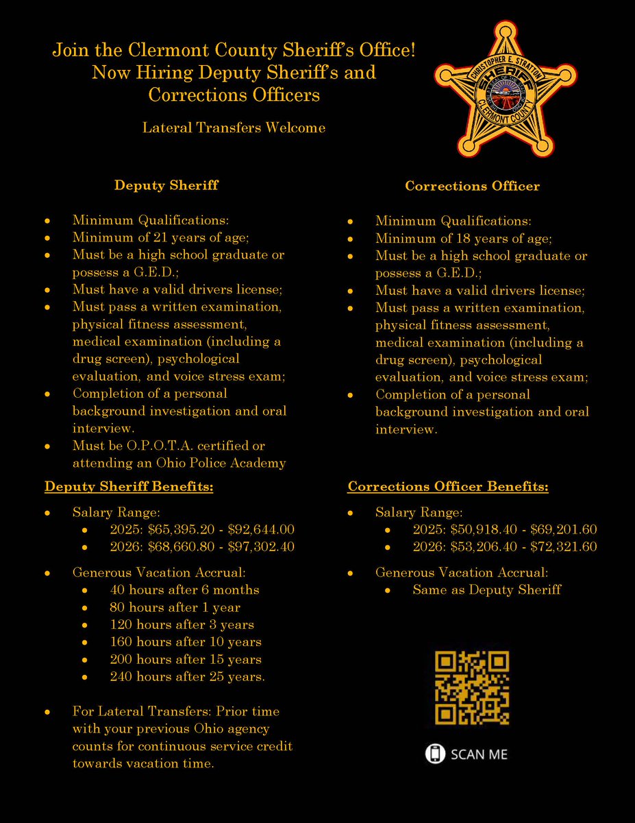 The Clermont County Sheriff's Office is currently hiring for Road Patrol Deputies. If you are currently in a police academy you can  apply and we will start your application process. 
2025: $65,395.20 - $92,644.00
2026: $68,660.80 - $97,302.40 

Deadline  is 5/30/2025 at 4:00pm.