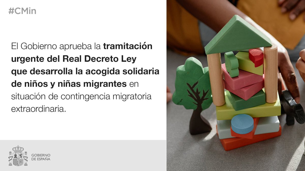 El #Cmin ha aprobado la tramitación urgente de un Real Decreto que desarrolla y refuerza la acogida solidaria y de niños y niñas migrantes.

Ante la emergencia, respondemos con derechos y garantías para la infancia.