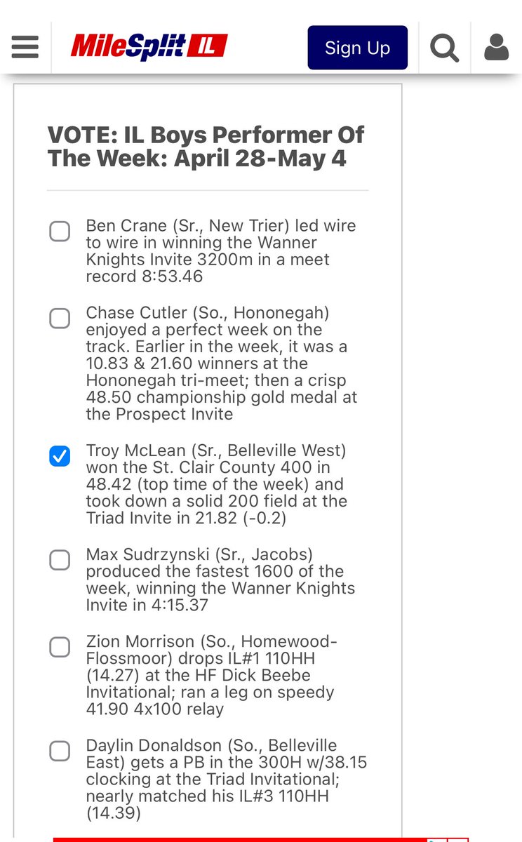 Our boy Troy has been nominated athlete of the Week for his performances at St Clair County and The Triad Knights Invite. 

We need your vote:

il.milesplit.com/articles/36792…