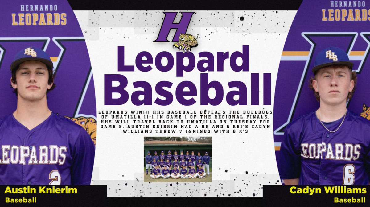 leopardsath's tweet image. Leopards win!!! HHS Baseball defeats the Bulldogs of Umatilla 11-1 in Game 1 of the Regional Finals. HHS will travel back to Umatilla on Tuesday for Game 2. Austin Knierim had a HR and 5 RBI&apos;s Cadyn Williams threw 7 innings with 6 K&apos;s