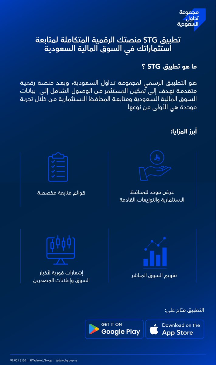 تطبيق STG من مجموعة تداول السعودية يُقدّم لك منصة رقمية متكاملة لإدارة استثماراتك ومتابعة أخبار السوق بكل سهولة.
استفد من ميزات مبتكرة مثل متابعة المحافظ والتوزيعات، وأخبار السوق في منصة واحدة.

حمل التطبيق الآن : 
qr.me-qr.com/GMGl9foh

#مجموعة_تداول_السعودية #STGApp