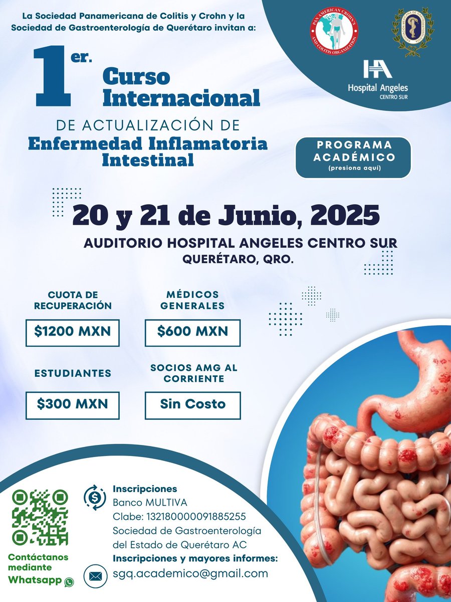 gastromx's tweet photo. ¡Atención gastroenterólogos y profesionales de la salud!

La Sociedad Panamericana de Colitis y Crohn y la Sociedad de Gastroenterología de Querétaro te invitan al 1er Curso Internacional de Actualización en Enfermedad Inflamatoria Intestinal.

¿Cuándo?
20 y 21 de junio, 2025

¿Dónde?
Auditorio del Hospital Ángeles Centro Sur, Querétaro, Qro.

Socios AMG al corriente: ¡Sin costo!

Inscripciones e informes:
Correo: sgq.academico@gmail.com
WhatsApp directo: (escanea el QR del flyer)

¡Actualízate con expertos internacionales y fortalece tu práctica clínica!

#90AñosSiendoAMG #90añosamg #orgulloamg #yosoyAMG #TradiciónYVanguardia #excelencia #Gastroenterología