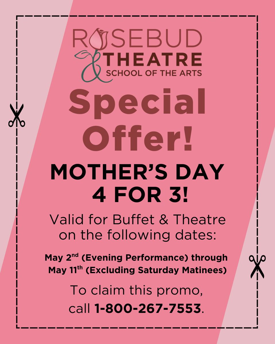Mother's Day is almost here!
This is your LAST CHANCE to take advantage of our 4 for 3 sale. Buy 3 tickets, get the 4th FREE!

Give the gift of experience, laughter, music, and memories in beautiful Rosebud. 

Offer ends soon: rosebudtheatre.com/shows/mothers-…
#MothersDay
