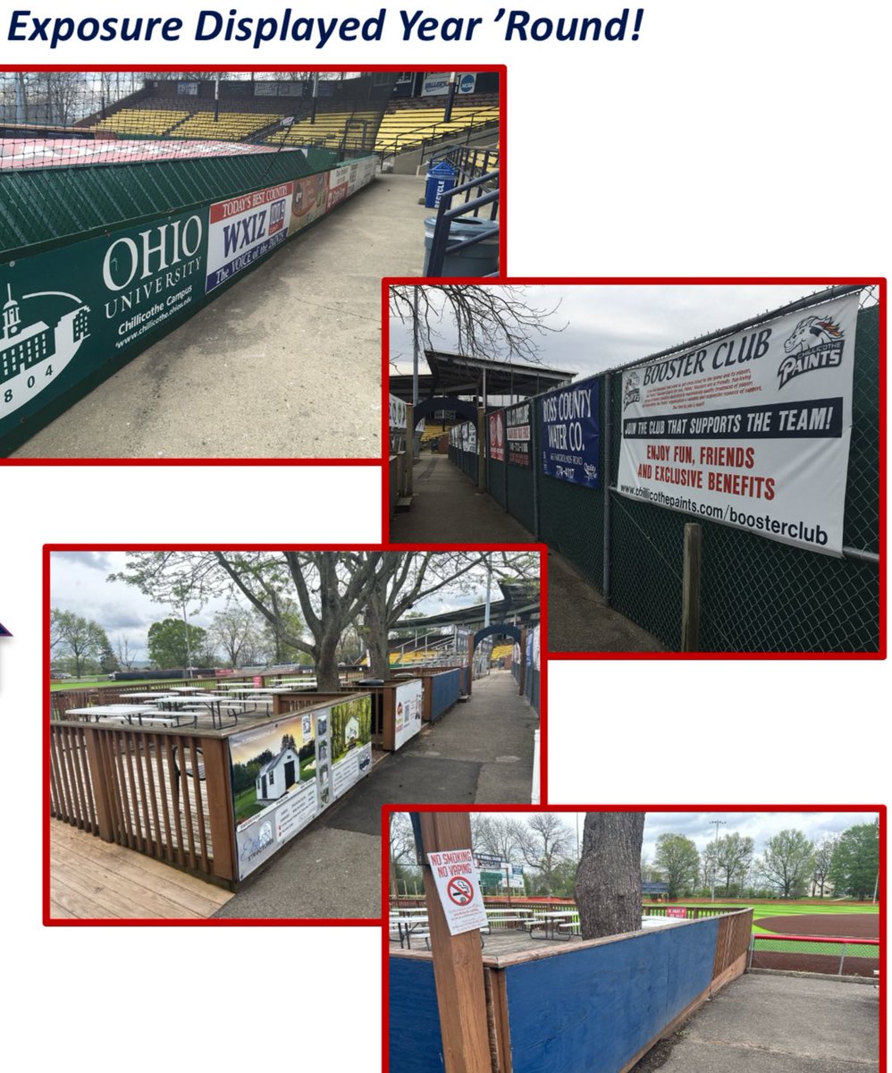 Chillicothe Paints๐๐๐๐ (@chillipaints) on Twitter photo Some rare opportunities of available signage space at VA Memorial Stadium! Even 2-3 outfield wall spaces available due to new outfield wall. PM us for information or email us at info@chillicothepaints.com! Opening Day is just 3 weeks away!#RollPaints Some rare opportunities of available signage space at VA Memorial Stadium! Even 2-3 outfield wall spaces available due to new outfield wall. PM us for information or email us at info@chillicothepaints.com! Opening Day is just 3 weeks away!#RollPaints