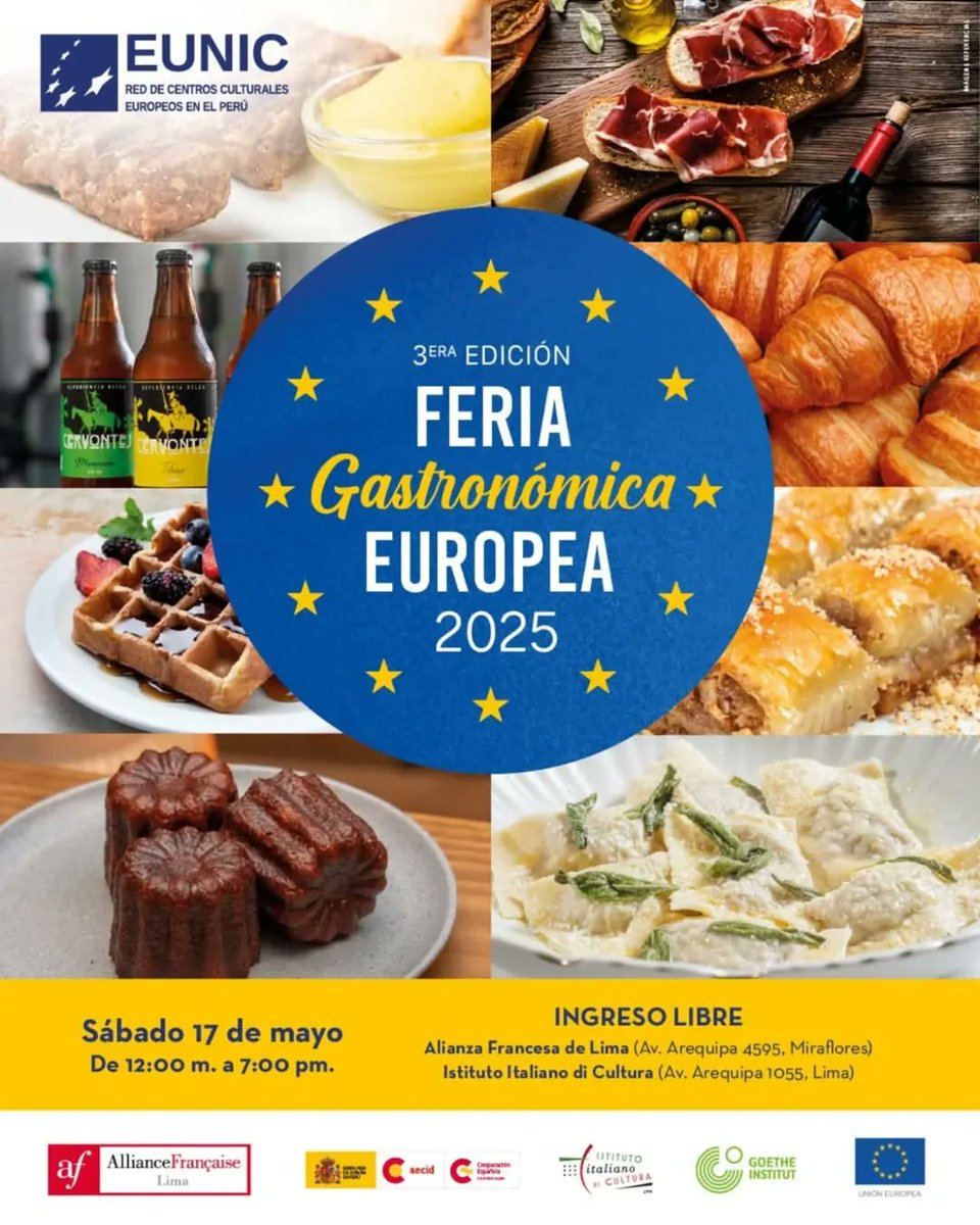 🇪🇺 Llega nuevamente la #𝗙𝗲𝗿𝗶𝗮𝗚𝗮𝘀𝘁𝗿𝗼𝗻𝗼́𝗺𝗶𝗰𝗮𝗘𝘂𝗿𝗼𝗽𝗲𝗮🍝🍲🧇, ¡este año en 2 sedes!

En el marco del Mes de Europa, EUNIC Perú, la Unión Europea en Perú y las Embajadas Europeas en Perú presentan la 3a edición de la feria.

Sigue leyendo.👇🏽
