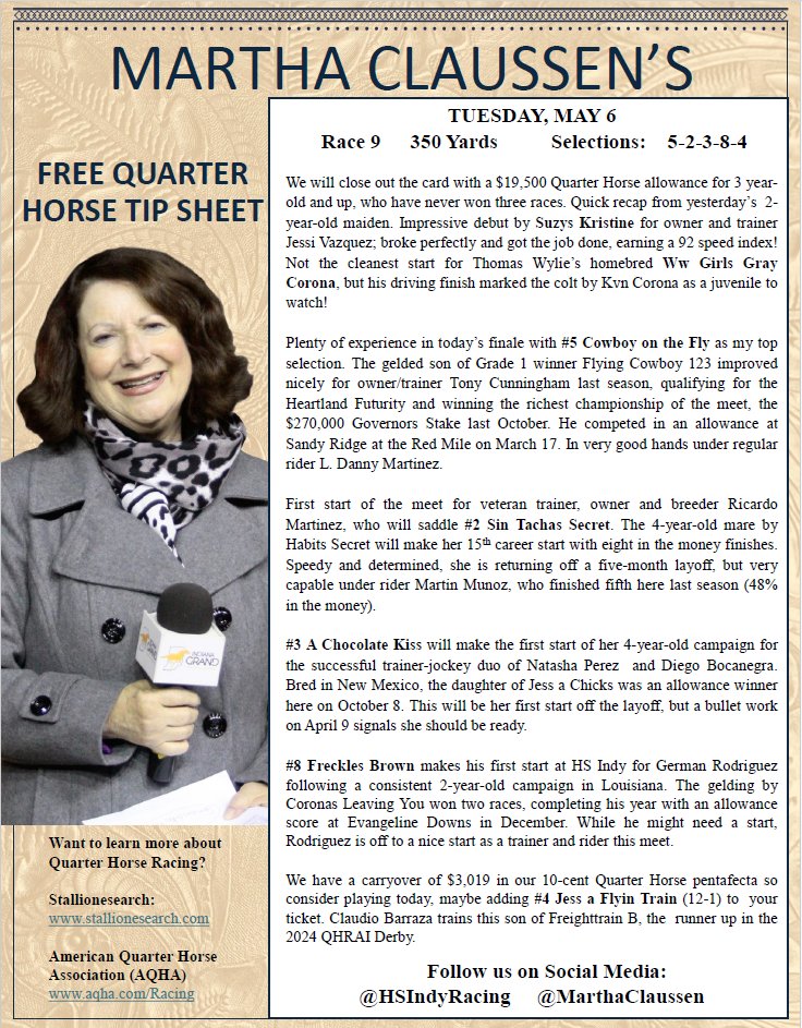 Tammy Knox (@hsindytammy) on Twitter photo Today's tipsheets from <a href="/HSIndyRacing/">Horseshoe Indianapolis Race Course</a> for <a href="/RacingRachelM/">Rachel McLaughlin</a> <a href="/MrBAnalyst/">Brian Arrigoni</a> and QH Analyst <a href="/MarthaClaussen/">Martha Claussen</a> - 1st Post 2:10PM #racelikeacaesar <a href="/IndianaTOBA/">ITOBA</a> <a href="/IndianaHBPA/">Indiana HBPA</a> <a href="/INThoroughbred/">Indiana Thoroughbred Development Program</a> <a href="/IndyTBAlliance/">IndianaThoroughbredAlliance</a> Today's tipsheets from <a href="/HSIndyRacing/">Horseshoe Indianapolis Race Course</a> for <a href="/RacingRachelM/">Rachel McLaughlin</a> <a href="/MrBAnalyst/">Brian Arrigoni</a> and QH Analyst <a href="/MarthaClaussen/">Martha Claussen</a> - 1st Post 2:10PM #racelikeacaesar <a href="/IndianaTOBA/">ITOBA</a> <a href="/IndianaHBPA/">Indiana HBPA</a> <a href="/INThoroughbred/">Indiana Thoroughbred Development Program</a> <a href="/IndyTBAlliance/">IndianaThoroughbredAlliance</a>