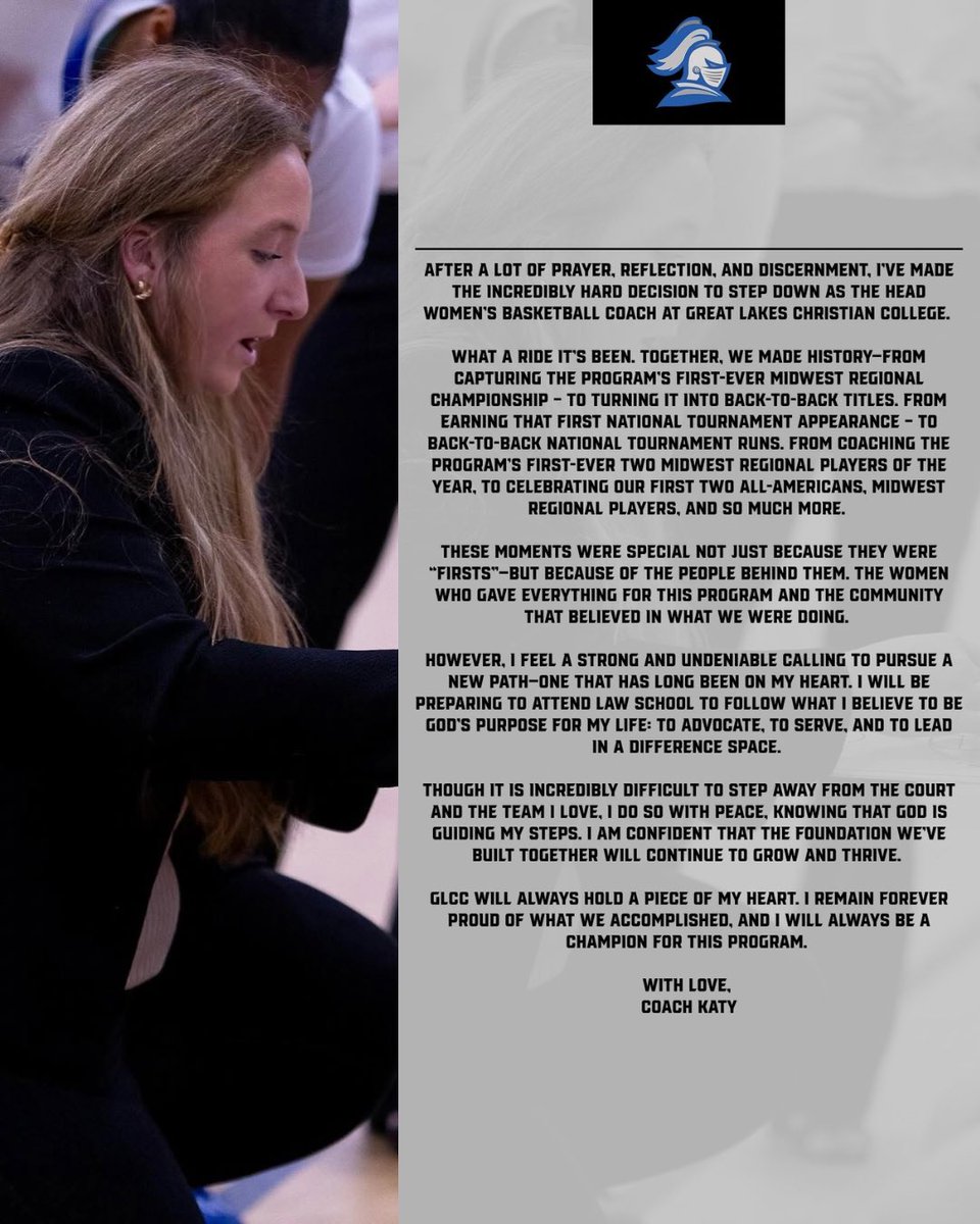 Coach Katy Shannon announces her decision to step down after 2 years leading GLCC Women’s Basketball 💙