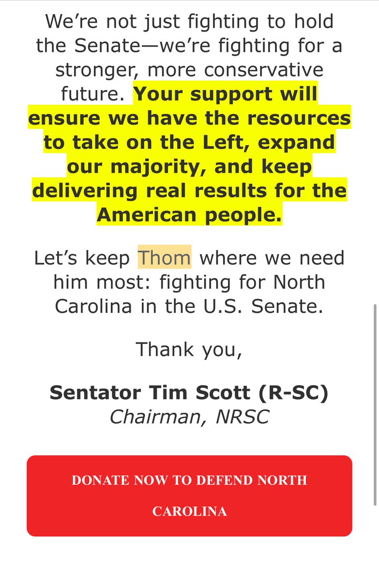 LauraLoomer's tweet image. NEW:

Senator Tim Scott @SenatorTimScott, the chair of the @NRSC is working to undermine and sabotage President Trump’s America First agenda by fundraising for RINO, Trump-hating GOP Senator @SenThomTillis Thom Tillis. Since April 12th, Senator Scott has sent at least 4 mass