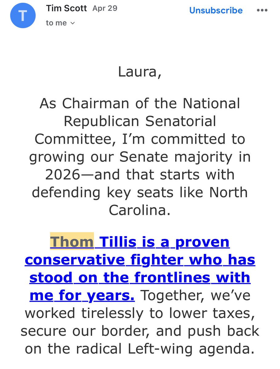 LauraLoomer's tweet image. NEW:

Senator Tim Scott @SenatorTimScott, the chair of the @NRSC is working to undermine and sabotage President Trump’s America First agenda by fundraising for RINO, Trump-hating GOP Senator @SenThomTillis Thom Tillis. Since April 12th, Senator Scott has sent at least 4 mass