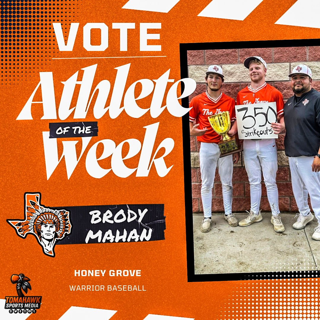 ⚾️Vote for Brody ⚾️

shorturl.at/O2zDX

Senior Brody Mahan has been nominated for Red River Valley Athlete of the week. Brody became the all-time strikeout leader for Honey Grove baseball at 350 career strikeouts as the Warriors defeated Wolfe City.