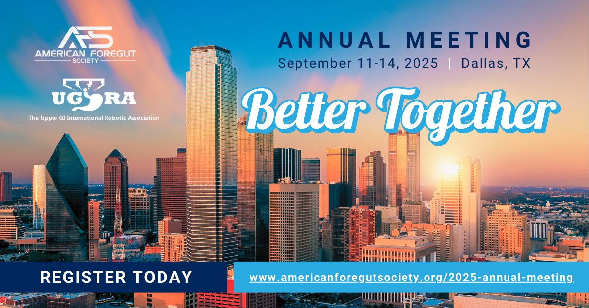 The American Foregut Society (@foregutsociety) on Twitter photo Join us in Dallas, Texas, for the 2025 AFS Annual Meeting! This year's meeting will be held from September 11-14.
This is the premier meeting for foregut professionals. Secure your registration here: americanforegutsociety.org/2025-annual-me…
#UGIRA #AFS2025 #BetterTogether #UGIRA #Foregut Join us in Dallas, Texas, for the 2025 AFS Annual Meeting! This year's meeting will be held from September 11-14.
This is the premier meeting for foregut professionals. Secure your registration here: americanforegutsociety.org/2025-annual-me…
#UGIRA #AFS2025 #BetterTogether #UGIRA #Foregut