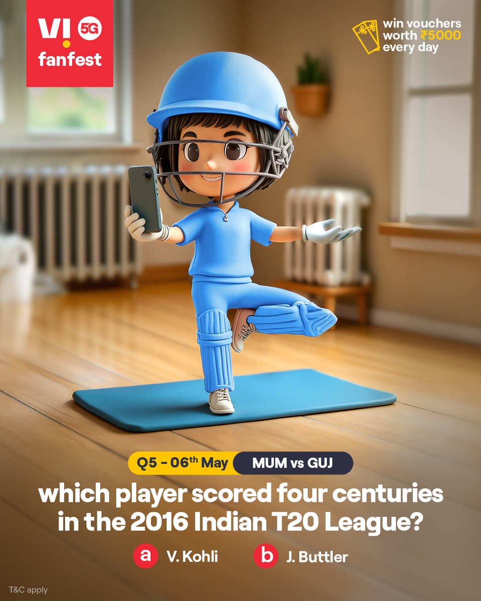 Cricky is testing your cricket IQ 🏏💡
Comment #Vi5Gfanfest with the right answers to all 5 questions today and stand a chance to win vouchers worth ₹5,000 🎟️✨🏆
.
.
#ChallengeAlert #Quiz #ParticipateAndWin #Vi5G #MUMvsGUJ #Mumbai #Gujarat