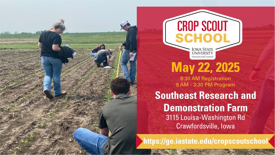 Seats are limited...have you reserved your spot yet for the Crop Scout School on May 22? More details and how to register: go.iastate.edu/cropscoutschool #ISUCrops #ScoutSchool
