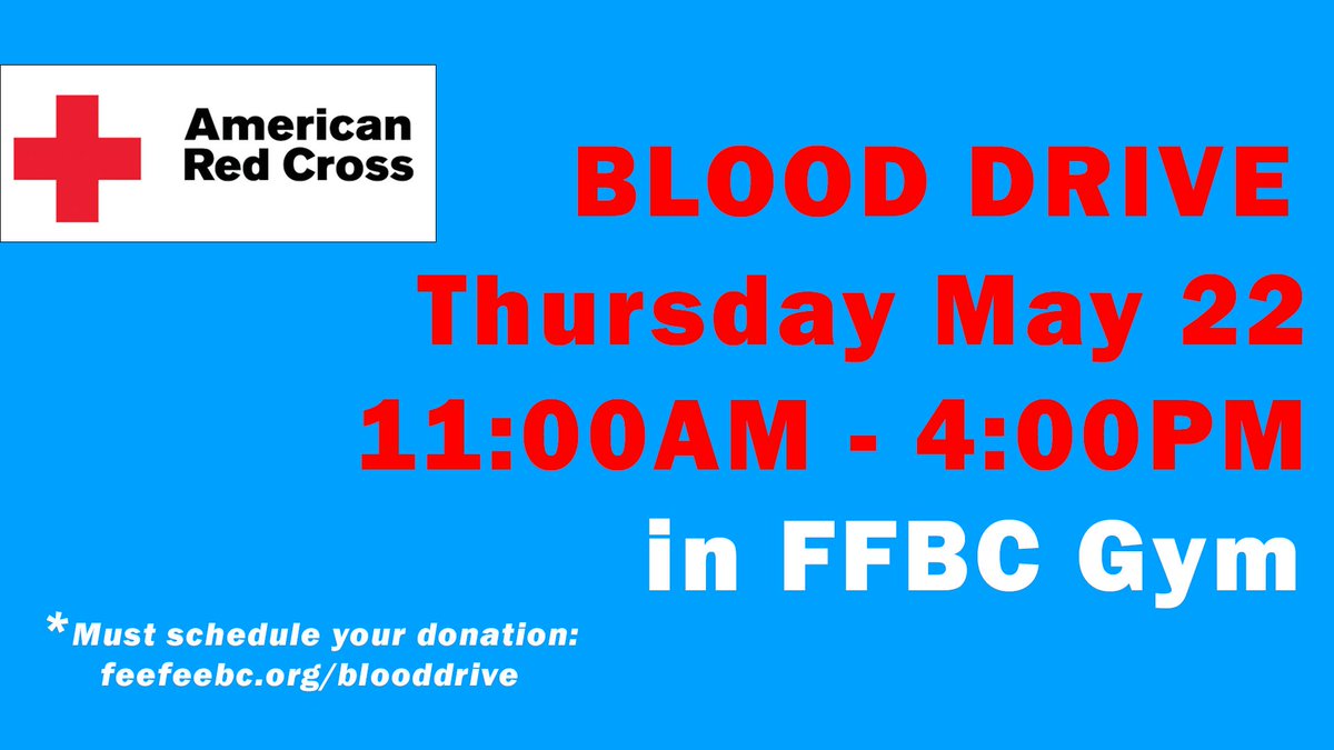 FeeFeeBC's tweet photo. 🩸 Mark your calendars! Our American Red Cross Blood Drive is coming Thursday, May 22.
⏰ 11AM-4PM
📍 FFBC Gym
Registration opens soon at https://t.co/B2lJ3rBF6c
#SaveLives #BloodDrive #FeeFeeBC https://t.co/3dOwvVMt3y