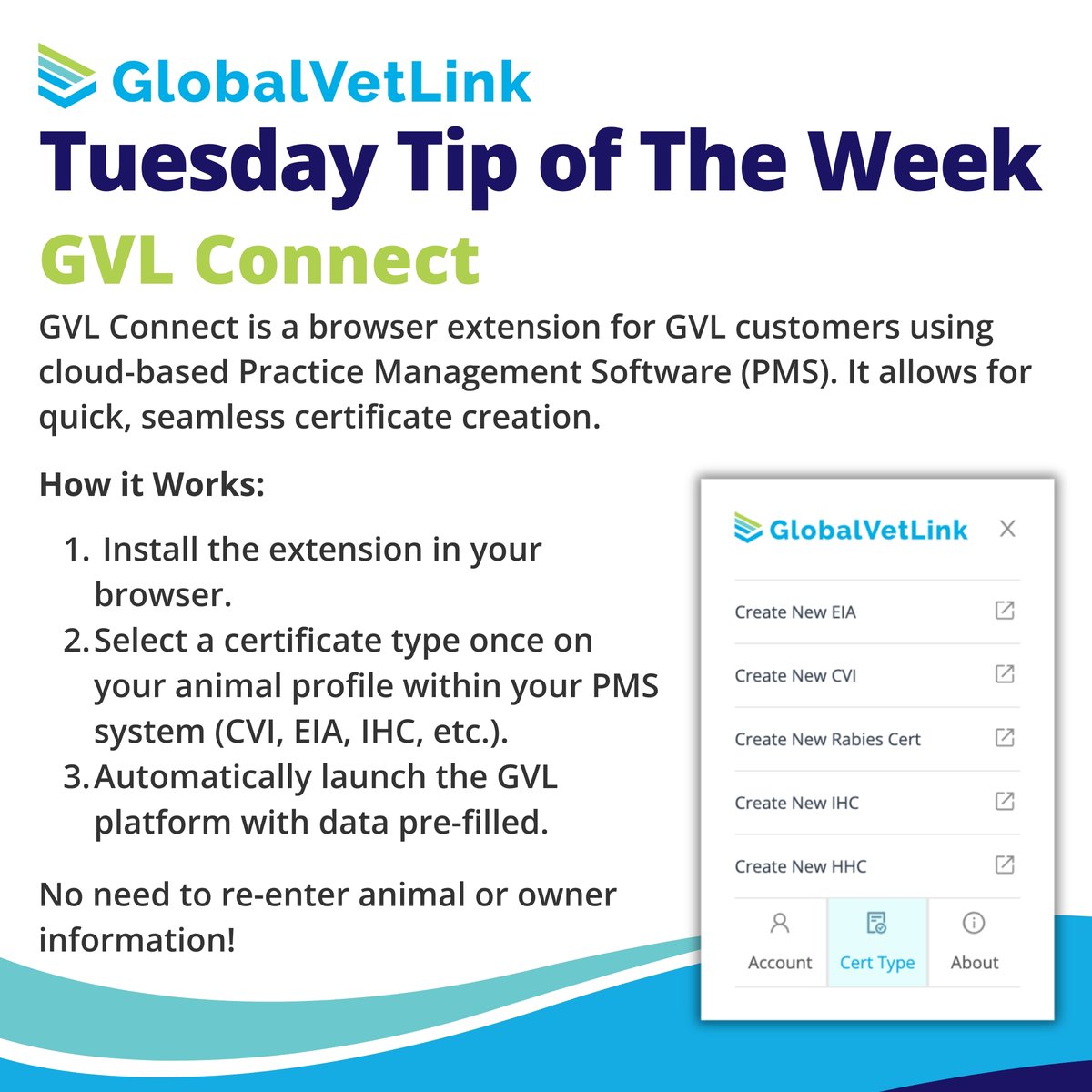 Did you know GVL Connect lets you start certificates directly from your Practice Management Software? With just a few clicks, your animal and owner info auto-fills—no double entry needed!

Visit our Help Center to learn how to get started: hubs.la/Q03kKTS80