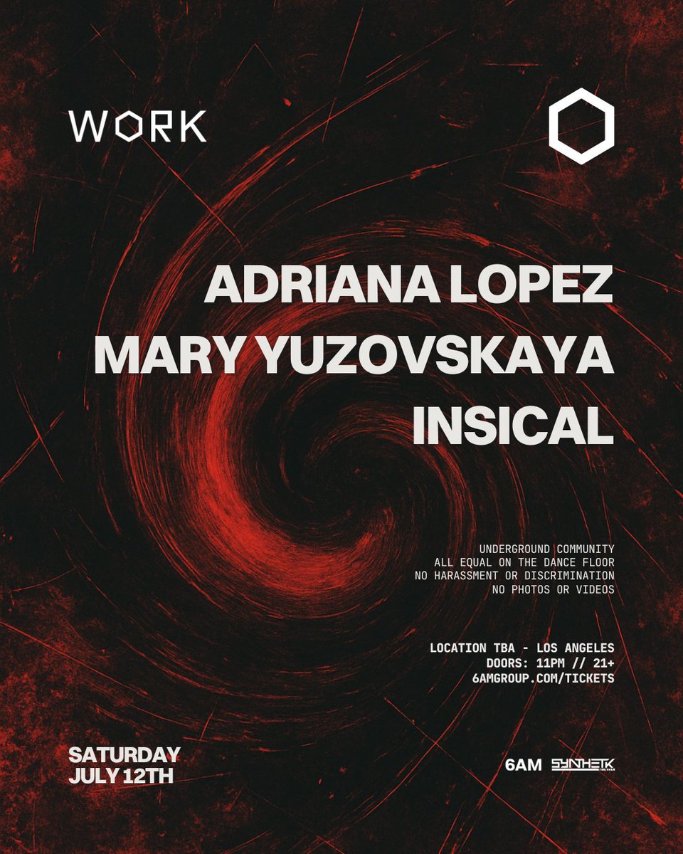 WORK ⏭️ 1.10 DRAKK, EMILIANA, & KANDER (@worklapresents) on Twitter photo NEW EVENT: Saturday, July 12th, WORK Presents: Adriana Lopez, Mary Yuzovskaya, & Insical!
Early Access Tickets go on sale TODAY, May 6TH at 12PM PST. Text "WORK" to 213-667-0556 for access. General sale at 1PM (IF TICKETS REMAIN)
@6amgroup <a href="/synthetikminds/">Synthetik Minds</a> NEW EVENT: Saturday, July 12th, WORK Presents: Adriana Lopez, Mary Yuzovskaya, & Insical!
Early Access Tickets go on sale TODAY, May 6TH at 12PM PST. Text "WORK" to 213-667-0556 for access. General sale at 1PM (IF TICKETS REMAIN)
@6amgroup <a href="/synthetikminds/">Synthetik Minds</a>