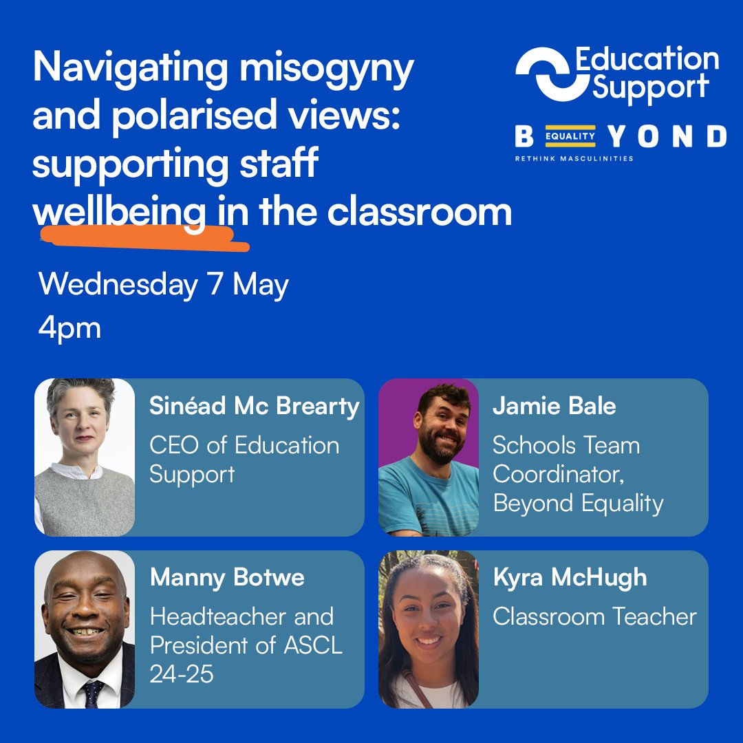 Teachers are seeing more misogynistic behaviour and polarised views in school – and it's taking a toll.

Join our webinar with <a href="/Beyond_Equality/">Beyond Equality</a> on 7 May at 4pm on tackling harmful attitudes in schools and protecting your wellbeing.

🔗 ow.ly/vlSI50VHOle

#MisogynyInSchools