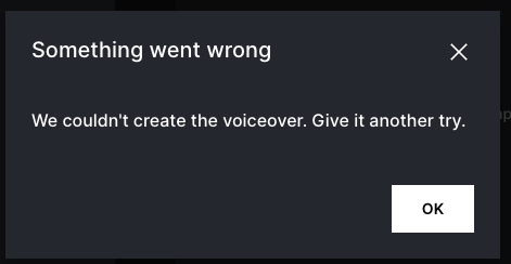 Hi <a href="/epidemicsound/">Epidemic Sound</a> ! I just today re-subscribed, excited to see you have AI voiceovers. I have been trying to generate VOs, and get this error. Any ideas what I might be doing wrong or what I should do? I've given it MANY tries.