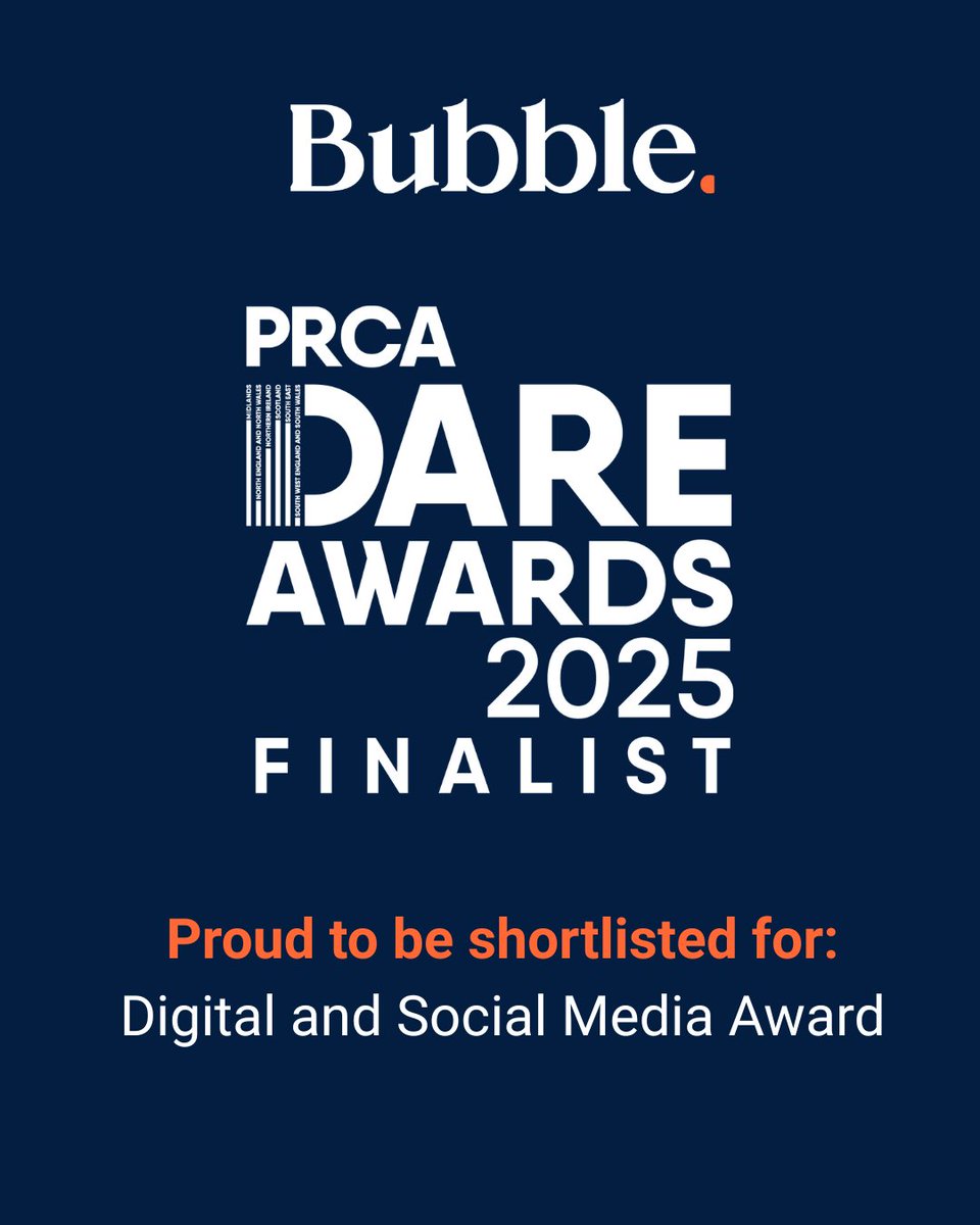 Thrilled to announce Bubble is shortlisted for the <a href="/PRCA_HQ/">PRCA</a> Dare Awards! 🎉 Fingers crossed for June! 

See the shortlist here: prcadareawards.com/finalists/ 

#PRCADareAwards #DigitalMedia #SocialMedia #TeamBubble