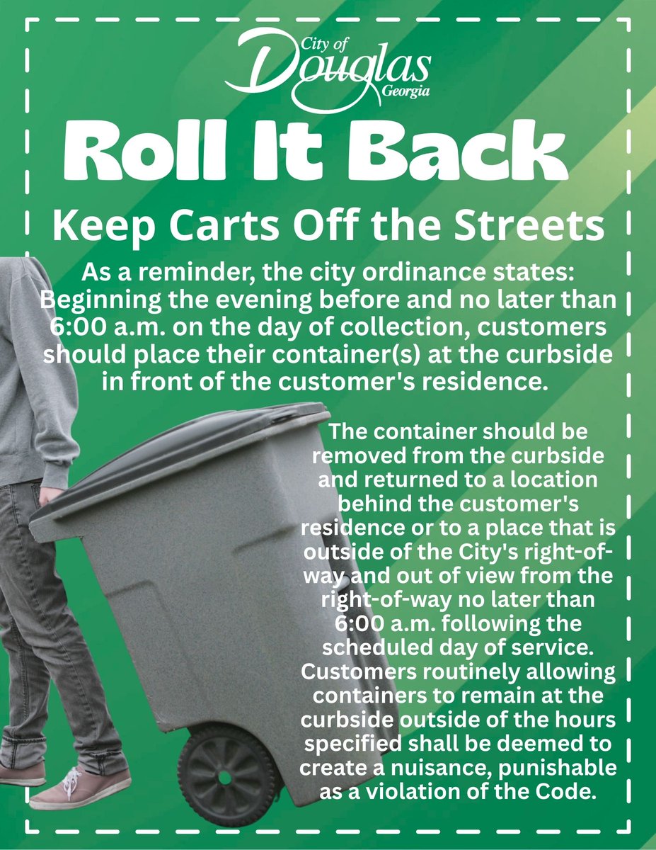 ~REMINDER~
Please pull back trash carts after they are emptied. Read more, cityofdouglasga.gov/CivicAlerts.as…