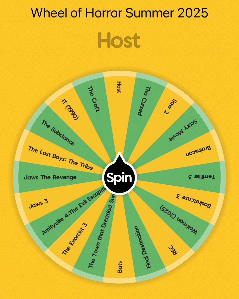 Wheel of Horror Podcast (@horrorwheel) on Twitter photo New Summer Wheel of Horror! DM to be a guest:
The Cursed (2021)
Host 
The Town That Dreaded Sundown (1976)
Bats
Scary Movie 
Jaws 3 
Jaws The Revenge 
Saw 2
Brainscan 
Terrifier 3
Basketcase 3 
Wolfman (2025)
REC 
Final Destination (2000)
Exorcist 3 
Amityville 4
The Lost Boys 2 New Summer Wheel of Horror! DM to be a guest:
The Cursed (2021)
Host 
The Town That Dreaded Sundown (1976)
Bats
Scary Movie 
Jaws 3 
Jaws The Revenge 
Saw 2
Brainscan 
Terrifier 3
Basketcase 3 
Wolfman (2025)
REC 
Final Destination (2000)
Exorcist 3 
Amityville 4
The Lost Boys 2