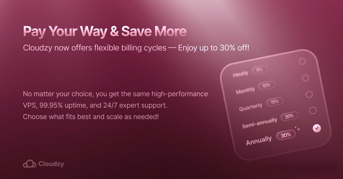 cloudzyvps's tweet image. Pay Your Way &amp;amp; Save More!
#Cloudzy now offers flexible billing cycles...

Choose what fits your needs:
Hourly - 5% off
Monthly - 10% off
Quarterly – 15% off
Semi-Annually – 20% off
Annually – 30% off

high-performance VPS, 99.95% uptime, and 24/7 expert support
#VPS #CloudVPS
