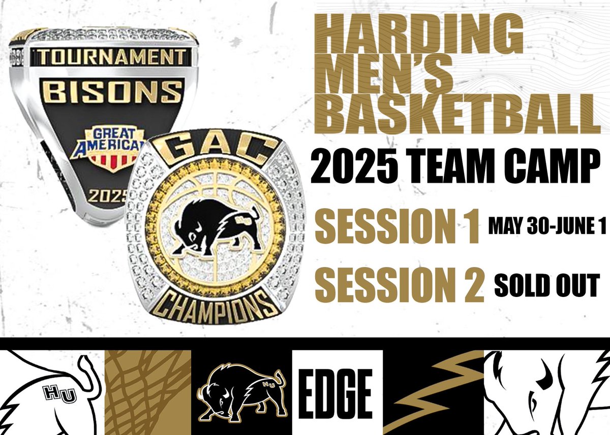 Harding Men's Basketball (@harding_mbb) on Twitter photo Less than a month away from team camps! Looking forward to a great week. Email wjameson@harding.edu if you’d like more information. We still have a few remaining spots in Session 1!
#EDGE | #GoBisons Less than a month away from team camps! Looking forward to a great week. Email wjameson@harding.edu if you’d like more information. We still have a few remaining spots in Session 1!
#EDGE | #GoBisons