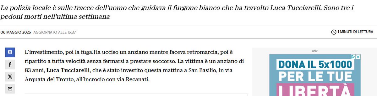 Roma : "L’uomo, nonostante le urla delle tante persone presenti, dopo aver investito l’83enne, trascinandolo per diversi metri, è fuggito a tutta velocità"
Perchè la vita dei pedoni vale ZERO e finchè prevarrà questa mentalità si continuerà a morire, tanto #sonosoloincidenti