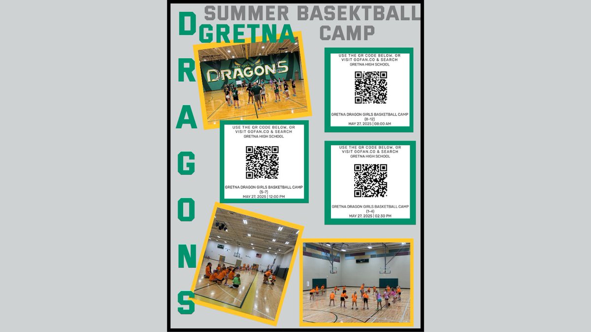 It's that time of year again....Gretna Dragons Girls Basketball Camp time! Look at the digital flyer to sign up for your basketball players appropriate camp! Look forward to seeing you in a few weeks!