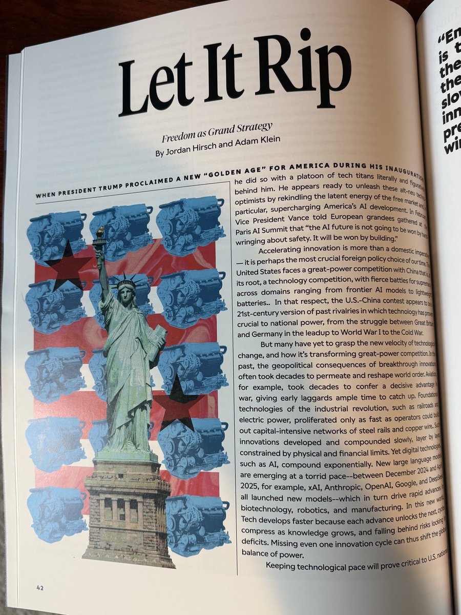 Jordan Hirsch (@jordanchirsch) on Twitter photo Thrilled to publish with <a href="/adam_i_klein/">Adam Klein</a> in the gorgeous Issue 004 of <a href="/arenamagdotcom/">Arena Magazine</a> on why letting innovation rip is the key to winning the tech race: Thrilled to publish with <a href="/adam_i_klein/">Adam Klein</a> in the gorgeous Issue 004 of <a href="/arenamagdotcom/">Arena Magazine</a> on why letting innovation rip is the key to winning the tech race: