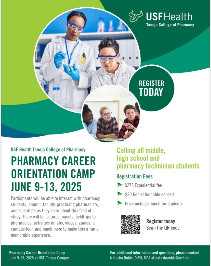 There are a few spots left for middle school and high school students to attend this year’s <a href="/usfcoph/">USF Public Health</a> pharmacy career orientation camp program (PCOC). Scholarships also available. Register today!