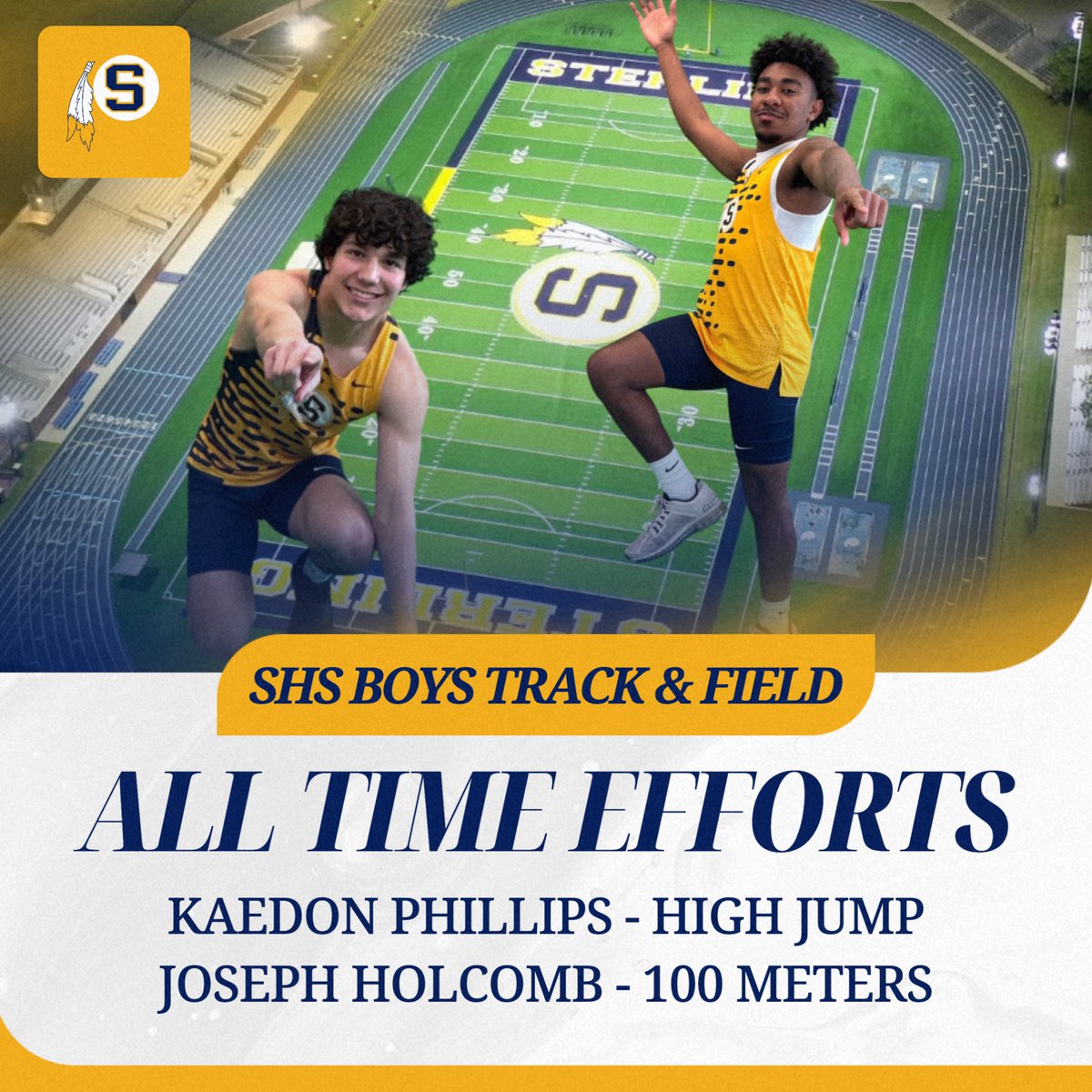 🏆 Track &amp; Field Standouts!

Kaedon Phillips clears 2.00m in high jump — PR &amp; #2 in school history behind Ken Ronzone’s 2.04m (1988)! 🔥

Joseph Holcomb clocks 11.03 in 100m, landing at #7 all-time! ⚡️

Proud of our guys!

#GoldenWarriors 💙💛